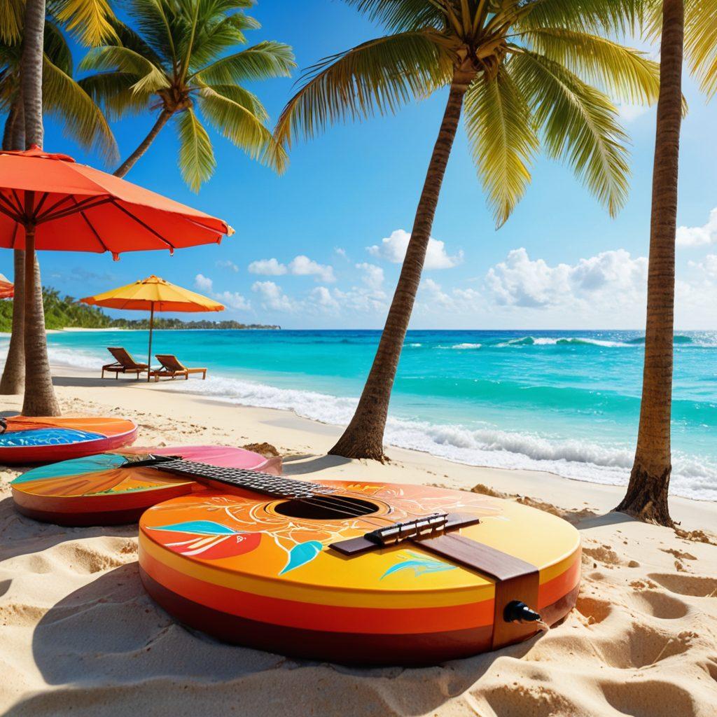 A vibrant beach setting featuring a diverse group of friends enjoying the sun, wearing stylish beachwear, and playing musical instruments like ukuleles and tambourines. Include colorful beach umbrellas, tropical drinks, and a backdrop of crystal-clear waves. The atmosphere should be lively and fun, showcasing the joy of music and fashion at the beach. Illustrate in a bright, sunny color palette. super-realistic. vivid colors. sunny background.