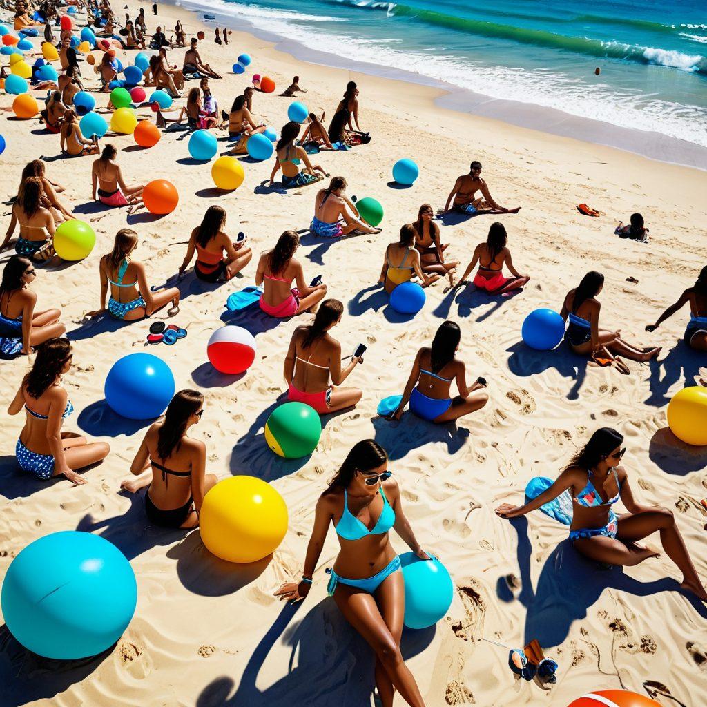 A vibrant beach scene with colorful swimwear displayed on a sandy beach, surrounded by musical elements like beach balls shaped like record players, and waves gently crashing in the background. Include people enjoying music, dancing, and sunbathing with headphones on, enhancing the lively atmosphere. Bright and sunny with a blue sky. super-realistic. vibrant colors. 3D.